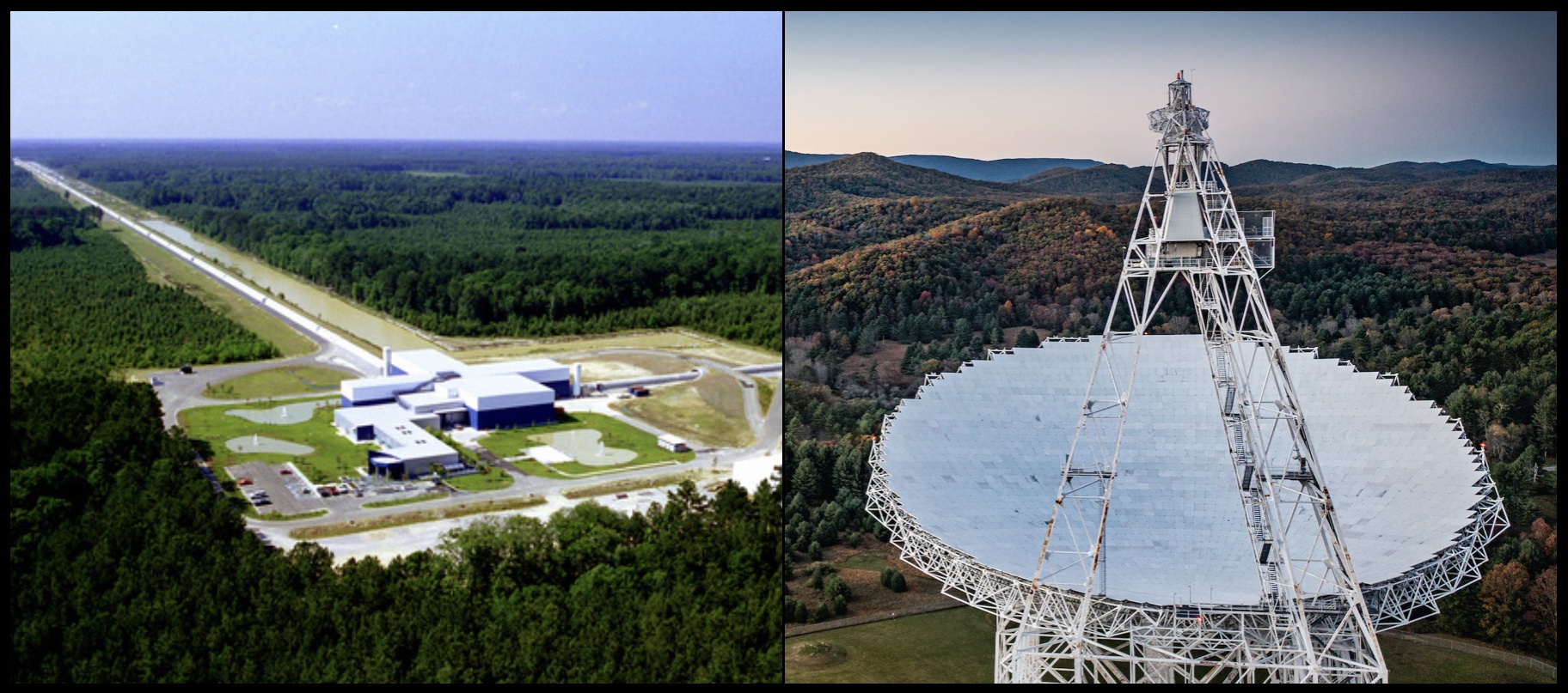 Side-by-side images of LIGO Livingston and the Green Bank Telescope